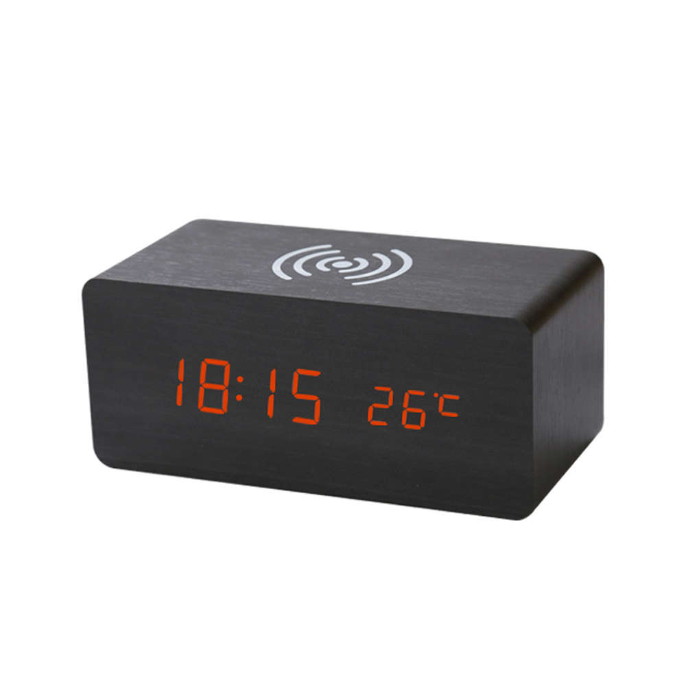Multi-Function Desktop Wooden Alarm Clock Wireless Charger-Black