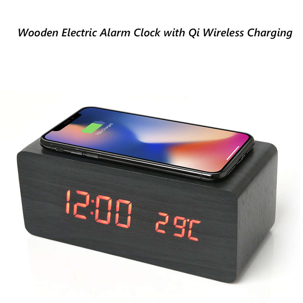 Multi-Function Desktop Wooden Alarm Clock Wireless Charger-Black