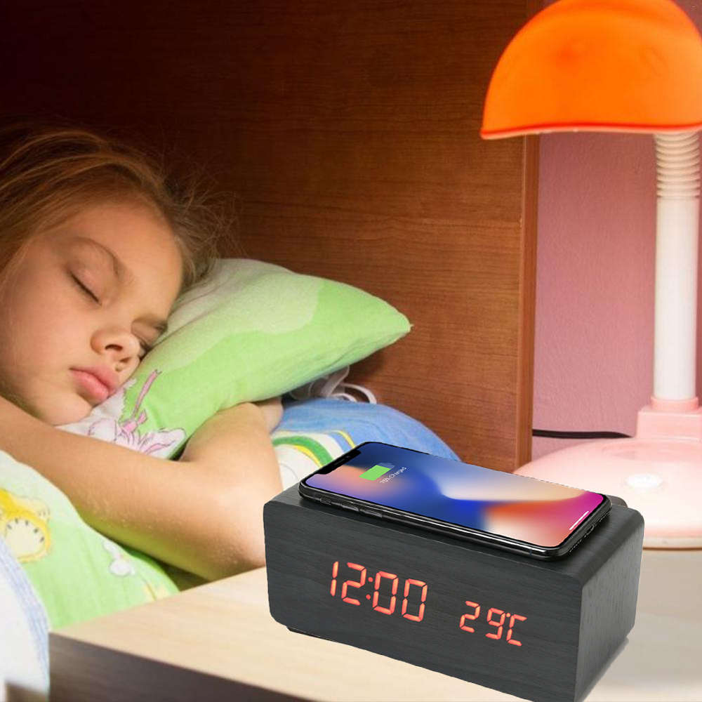 Multi-Function Desktop Wooden Alarm Clock Wireless Charger-Black