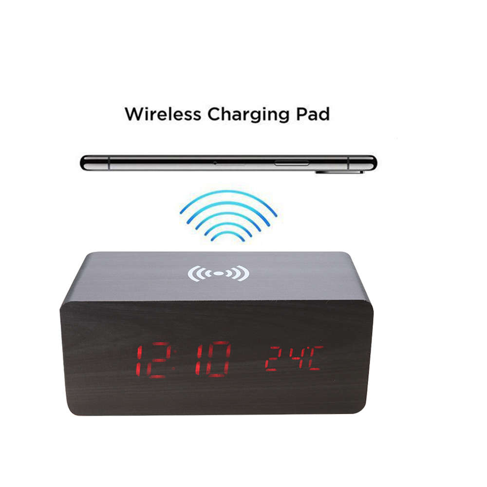 Multi-Function Desktop Wooden Alarm Clock Wireless Charger-Black