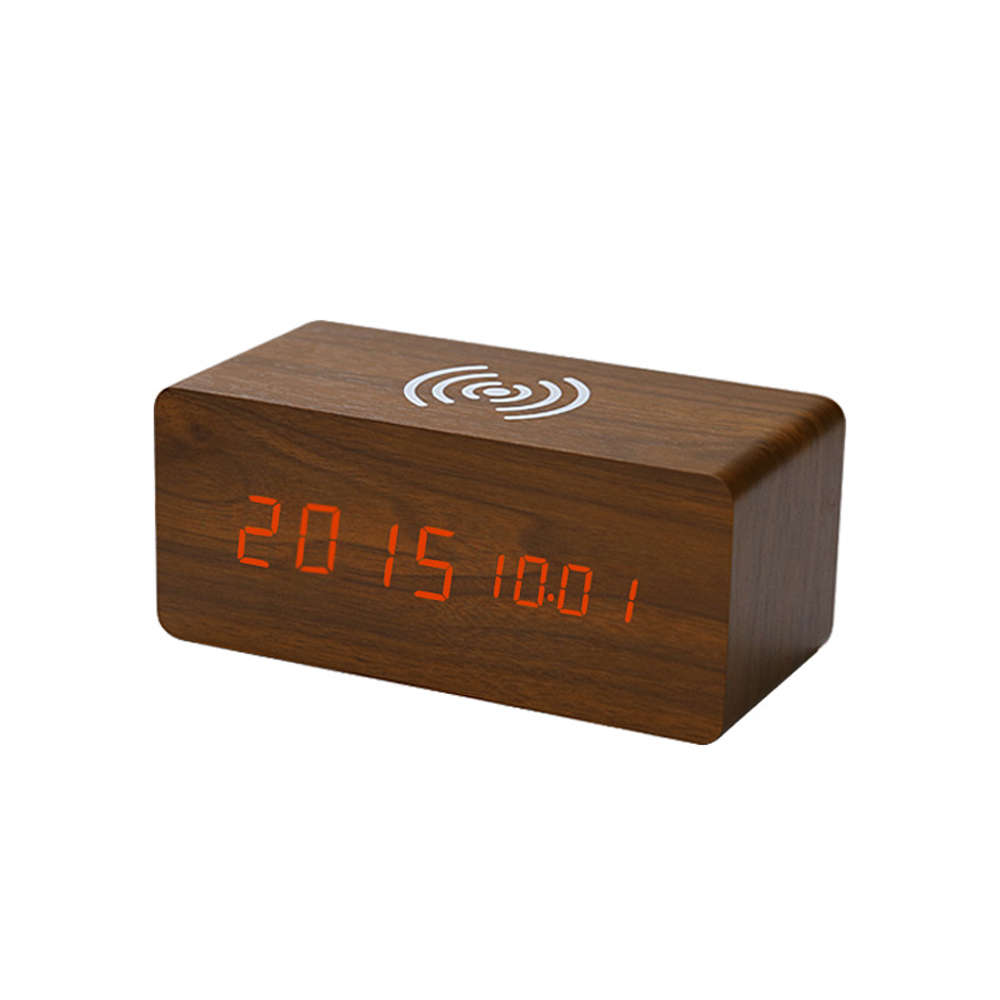 Multi-Function Desktop Wooden Alarm Clock Wireless Charger-Brown