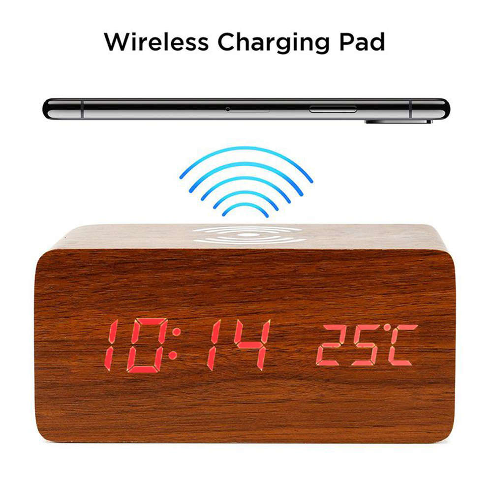 Multi-Function Desktop Wooden Alarm Clock Wireless Charger-Brown