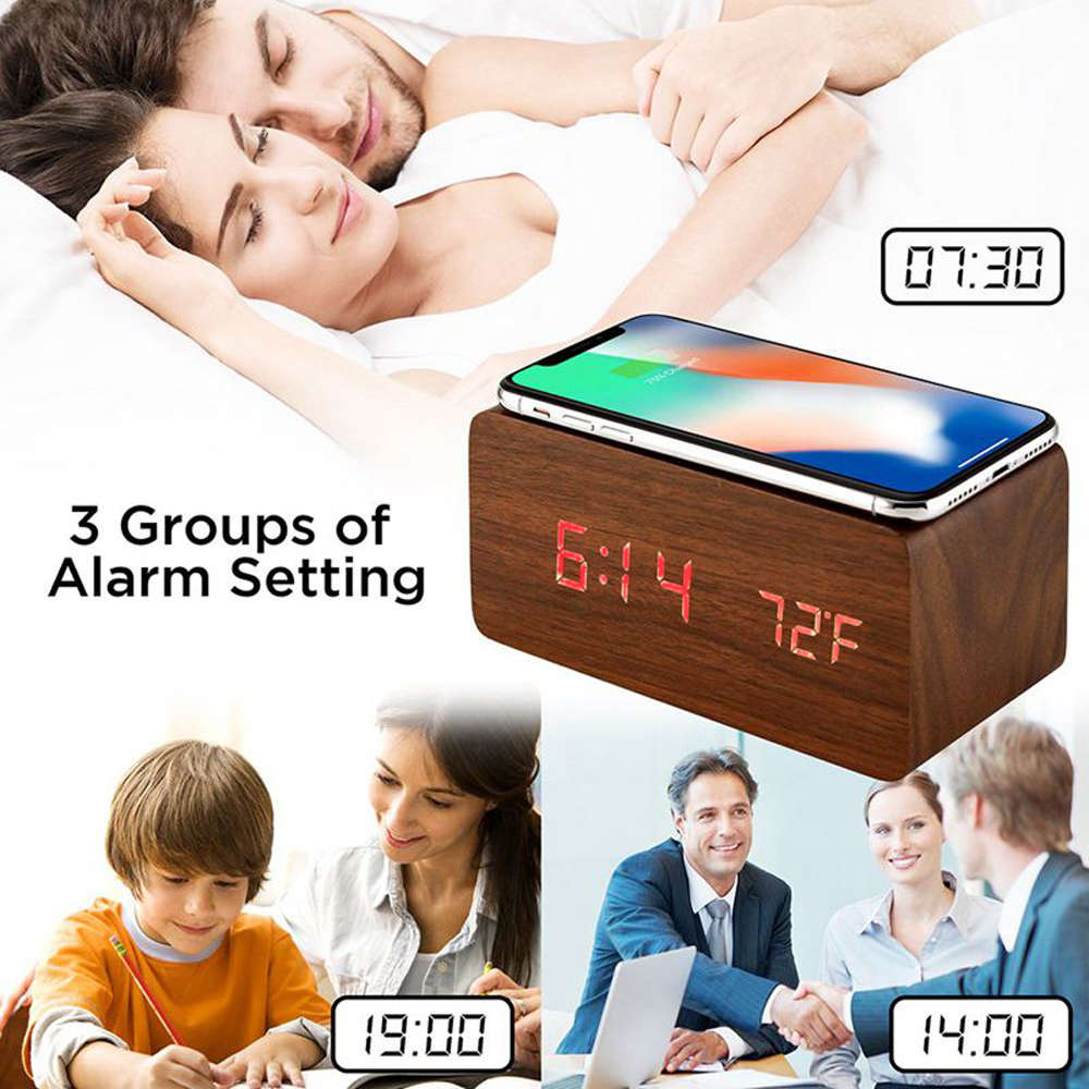 Multi-Function Desktop Wooden Alarm Clock Wireless Charger-Brown