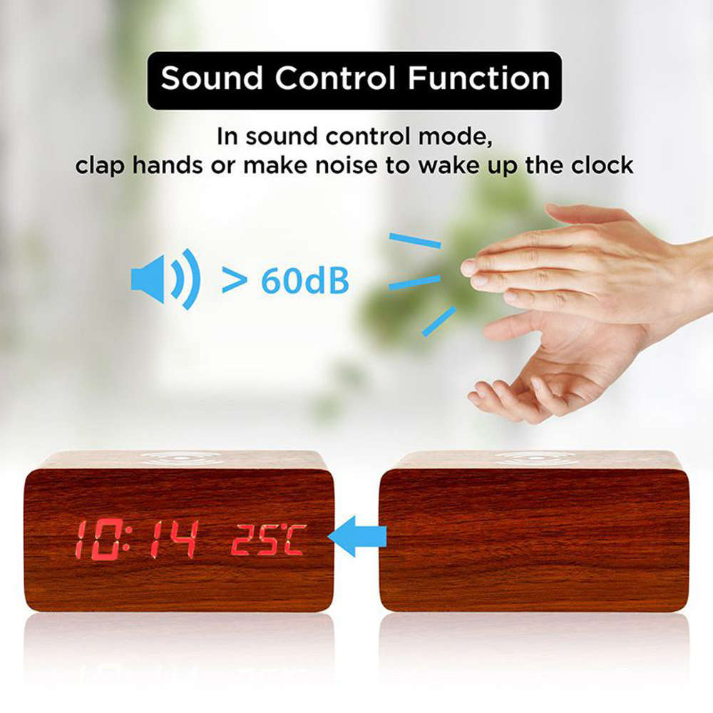 Multi-Function Desktop Wooden Alarm Clock Wireless Charger-Brown