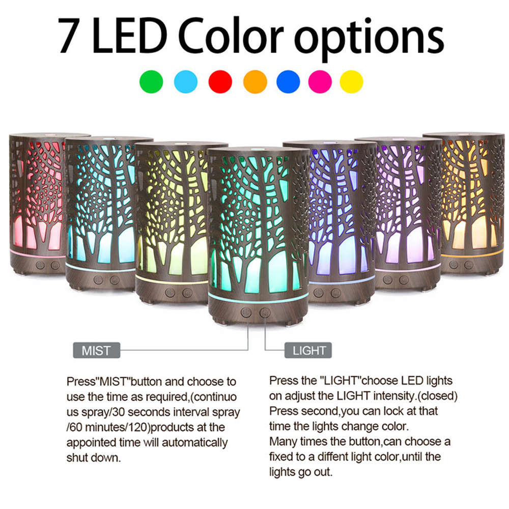 Wood Grain 7 LED Colour Ultrasonic Humidifier Aroma Diffuser-Brown