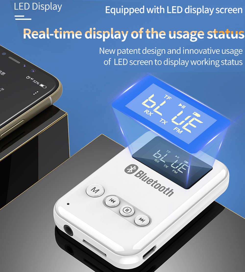 Bluetooth 5.0 Receiver Transmitter Wireless Music Adapter For PC Car-White