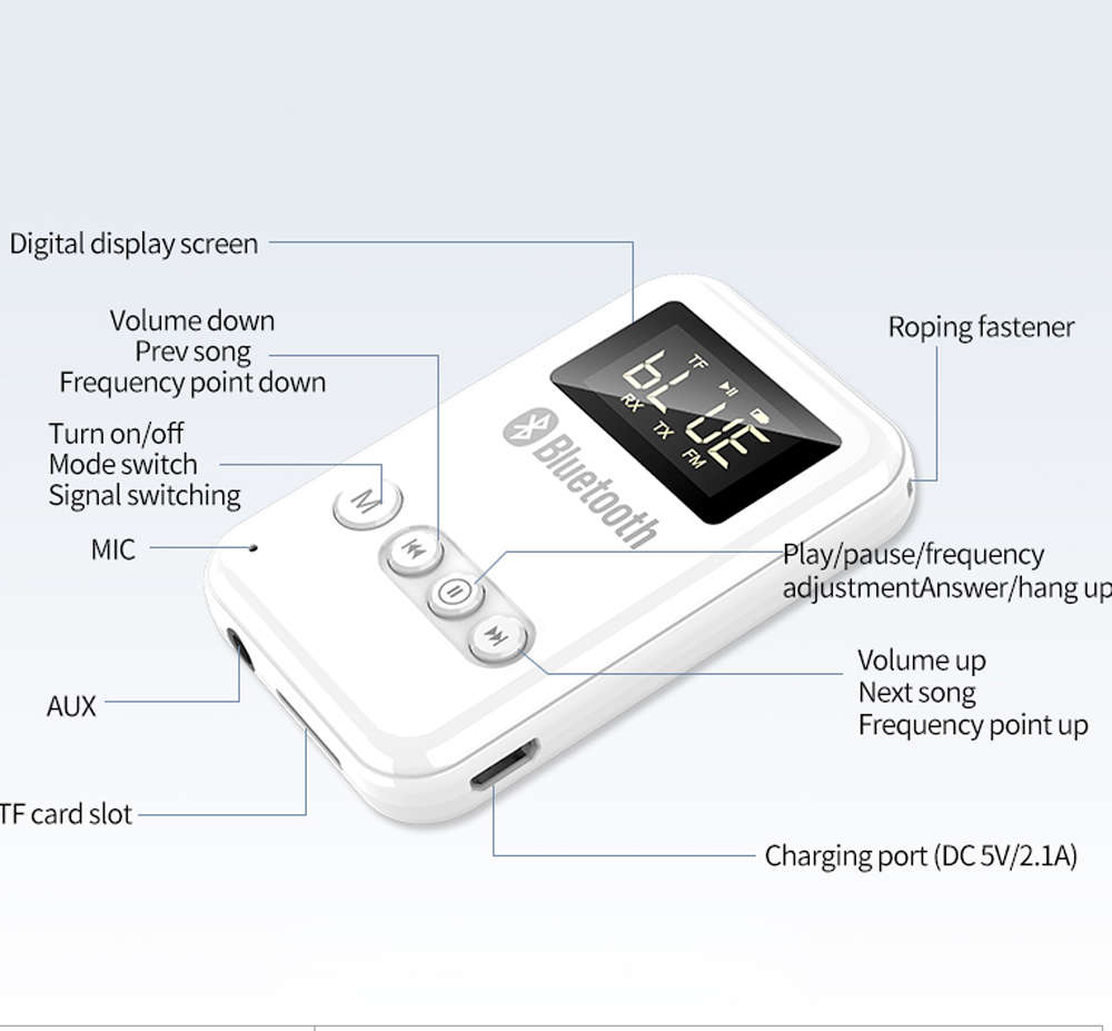 Bluetooth 5.0 Receiver Transmitter Wireless Music Adapter For PC Car-White