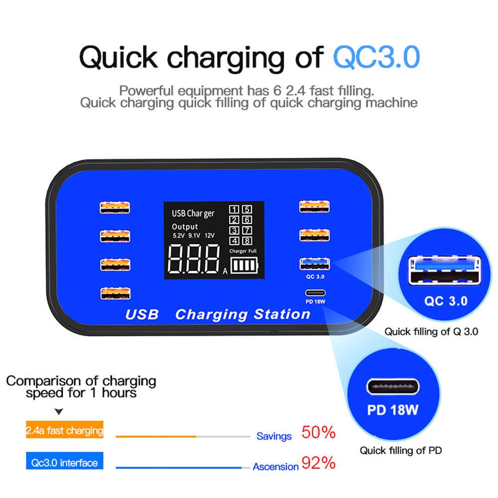 Digital Display 8 Port PD 18W Quick Charge 3.0 USB Type-C Charger