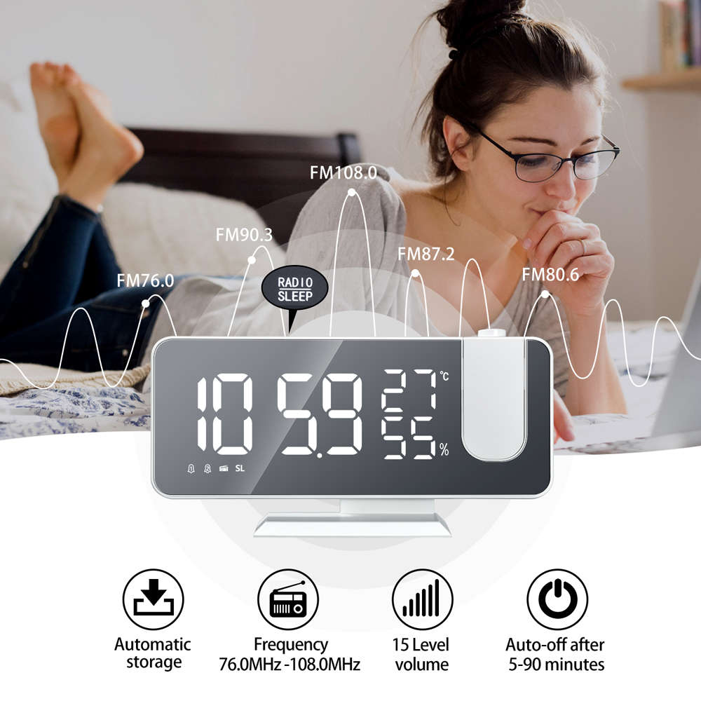 7.5 Inch FM Radio Temperature Display Digital Projection Alarm Clock-White
