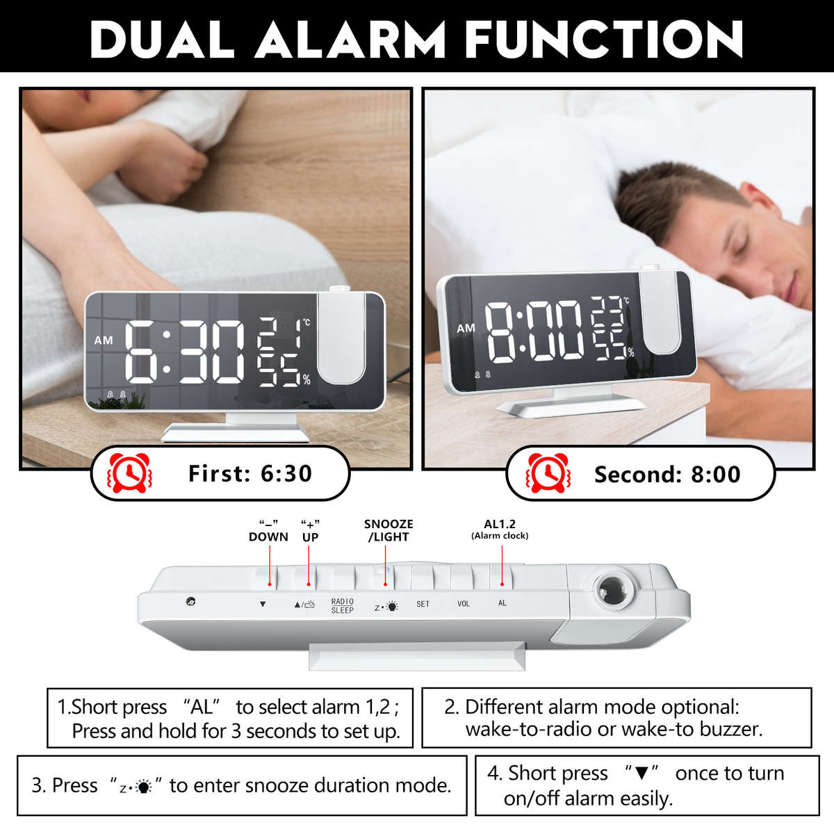 7.5 Inch FM Radio Temperature Display Digital Projection Alarm Clock-White