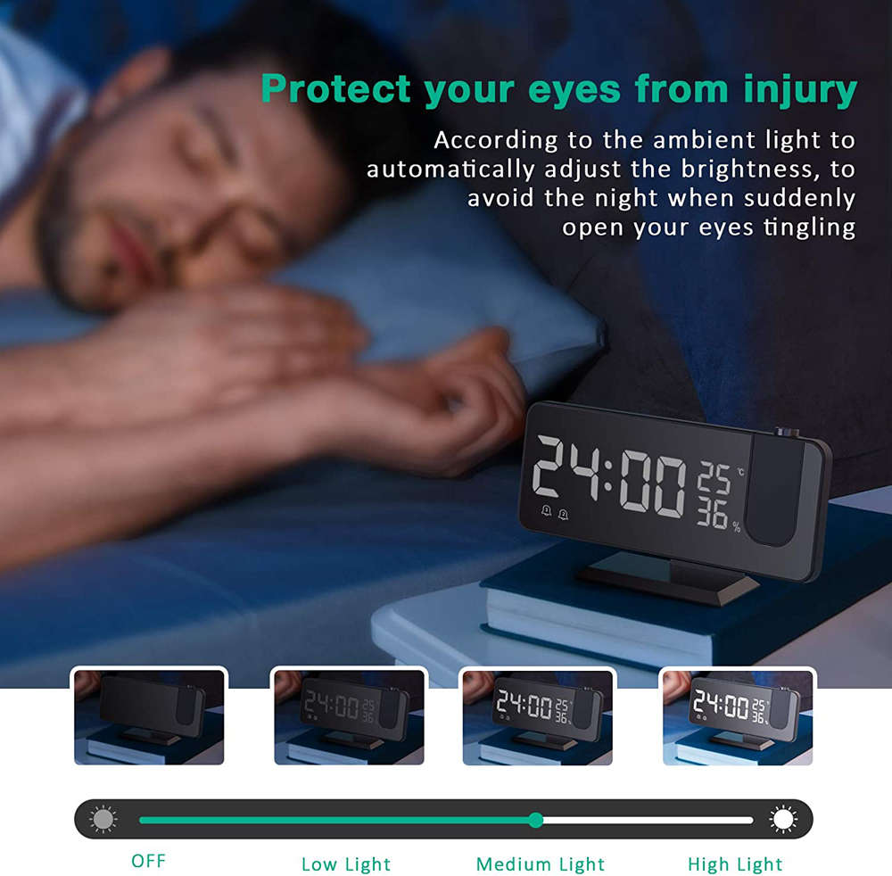 7.5 Inch FM Radio Temperature Display Digital Projection Alarm Clock-Black