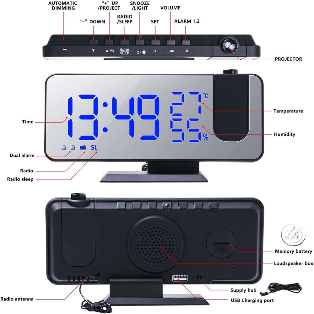 7.5 Inch FM Radio Temperature Display Digital Projection Alarm Clock