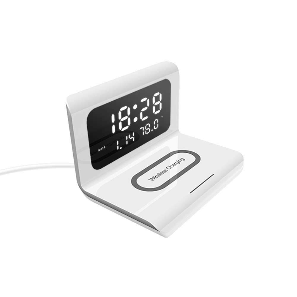 Desktop LED Digital Display Alarm Clock Wireless Phone Charger-White