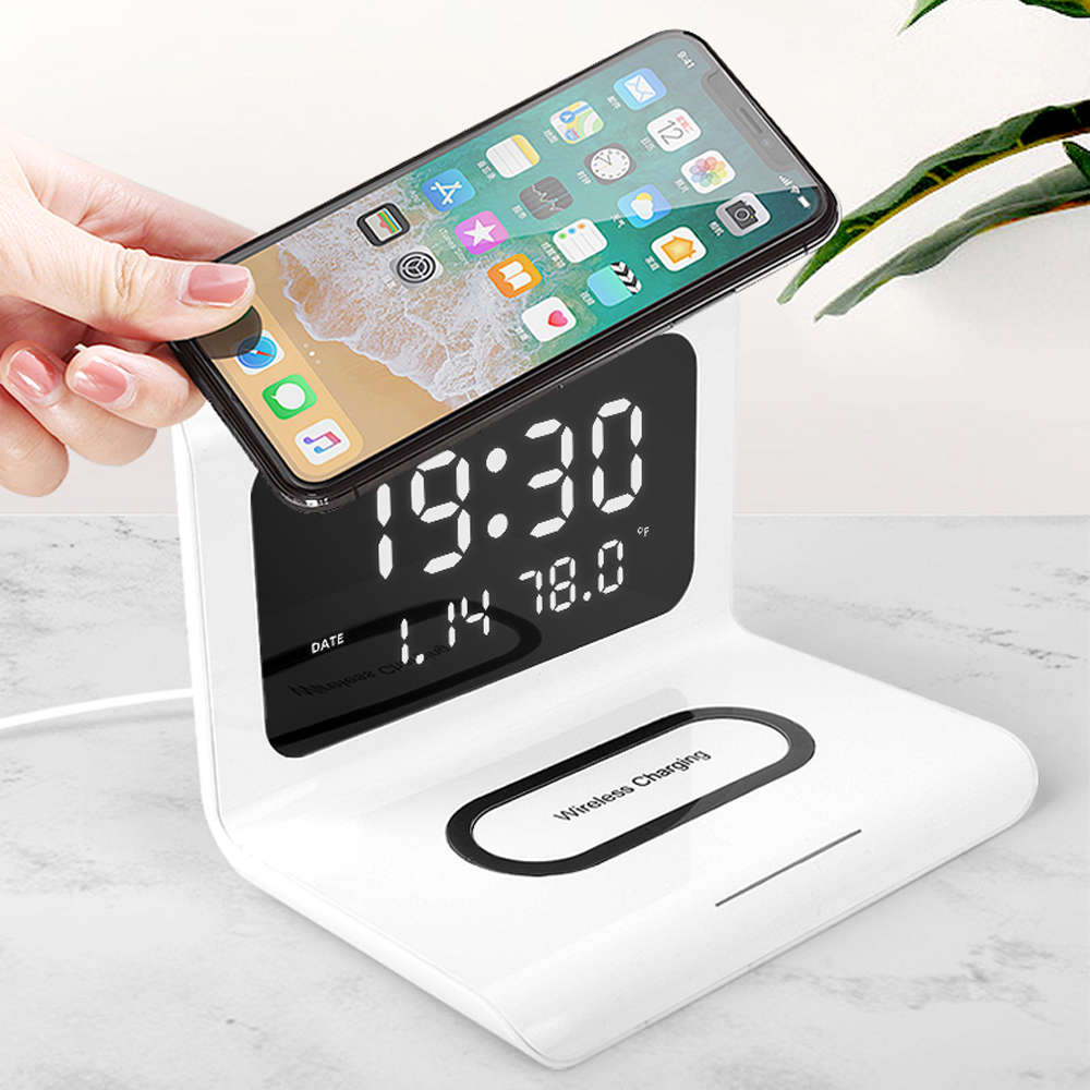 Desktop LED Digital Display Alarm Clock Wireless Phone Charger-White