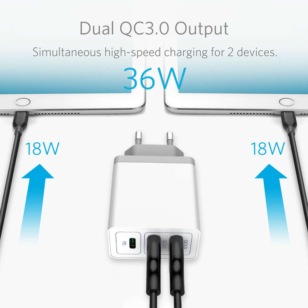 3 Ports USB PD 36W QC3.0 Fast Charging Wall Charger Adapter