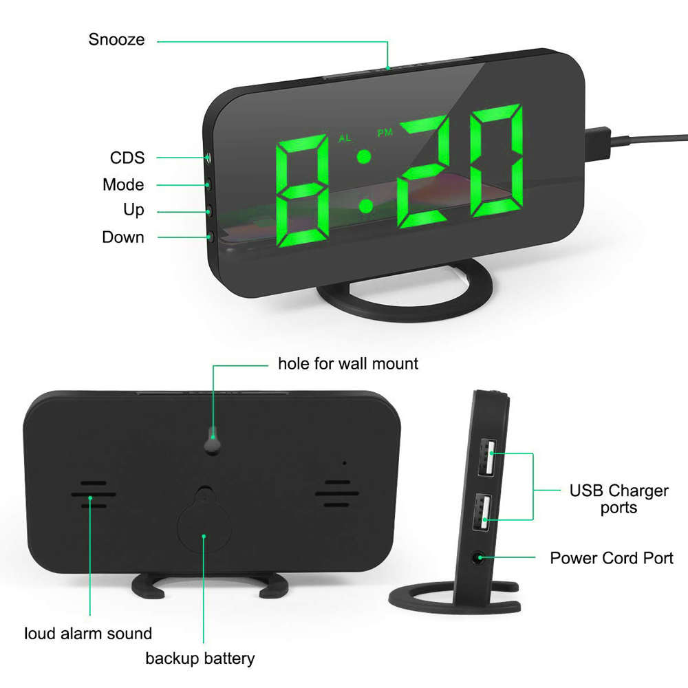 Large LED Display Digital Alarm Clock with Dual USB