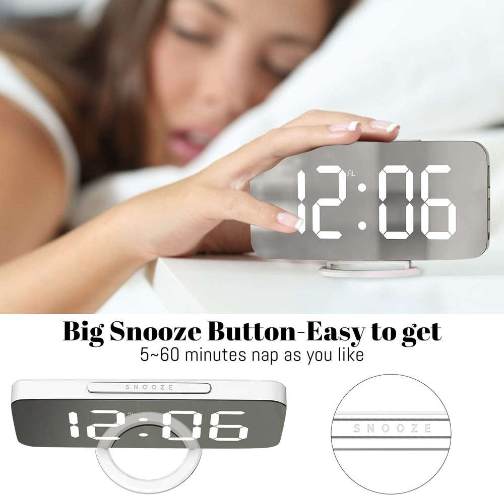 Large LED Display Mirrored Digital Alarm Clock with Dual USB