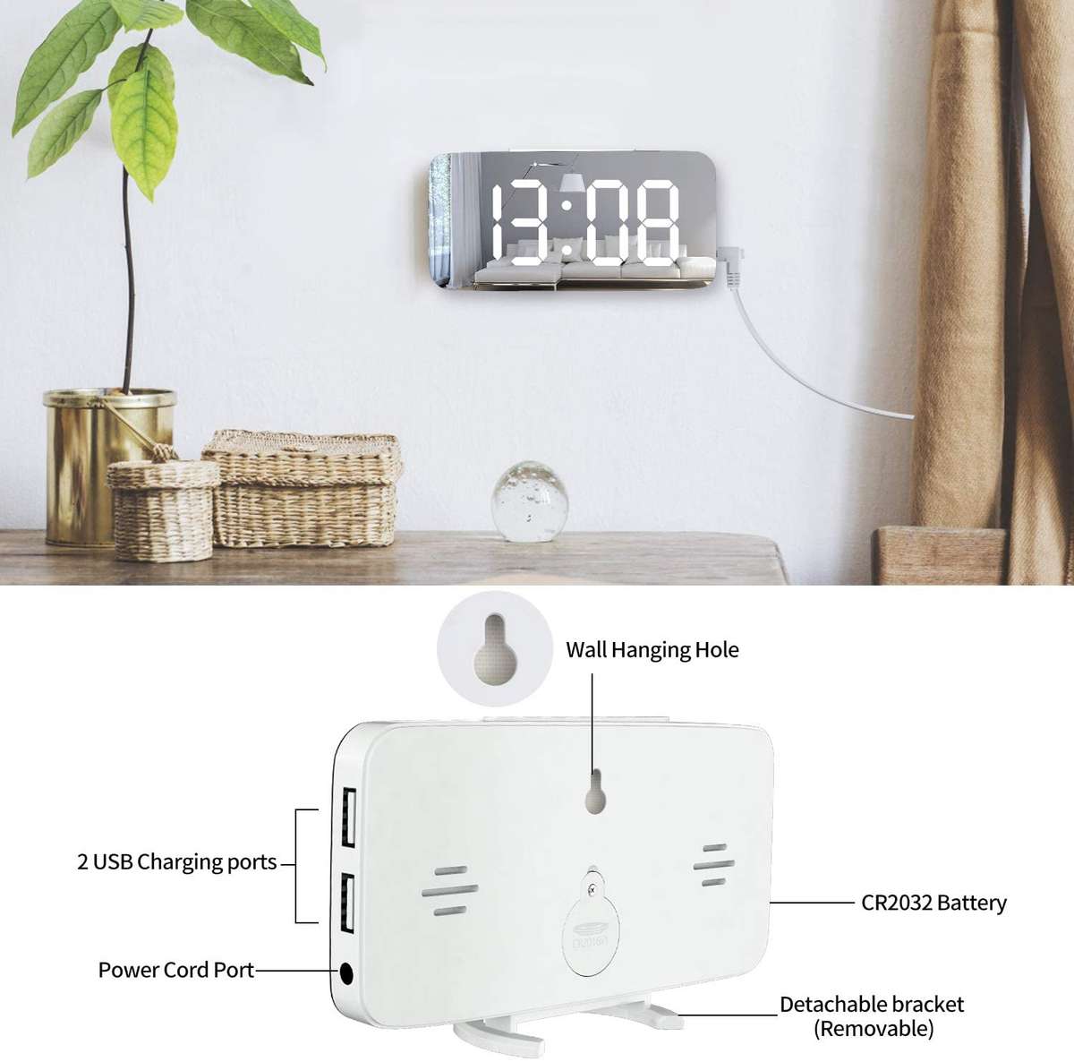 Large LED Display Mirrored Digital Alarm Clock with Dual USB