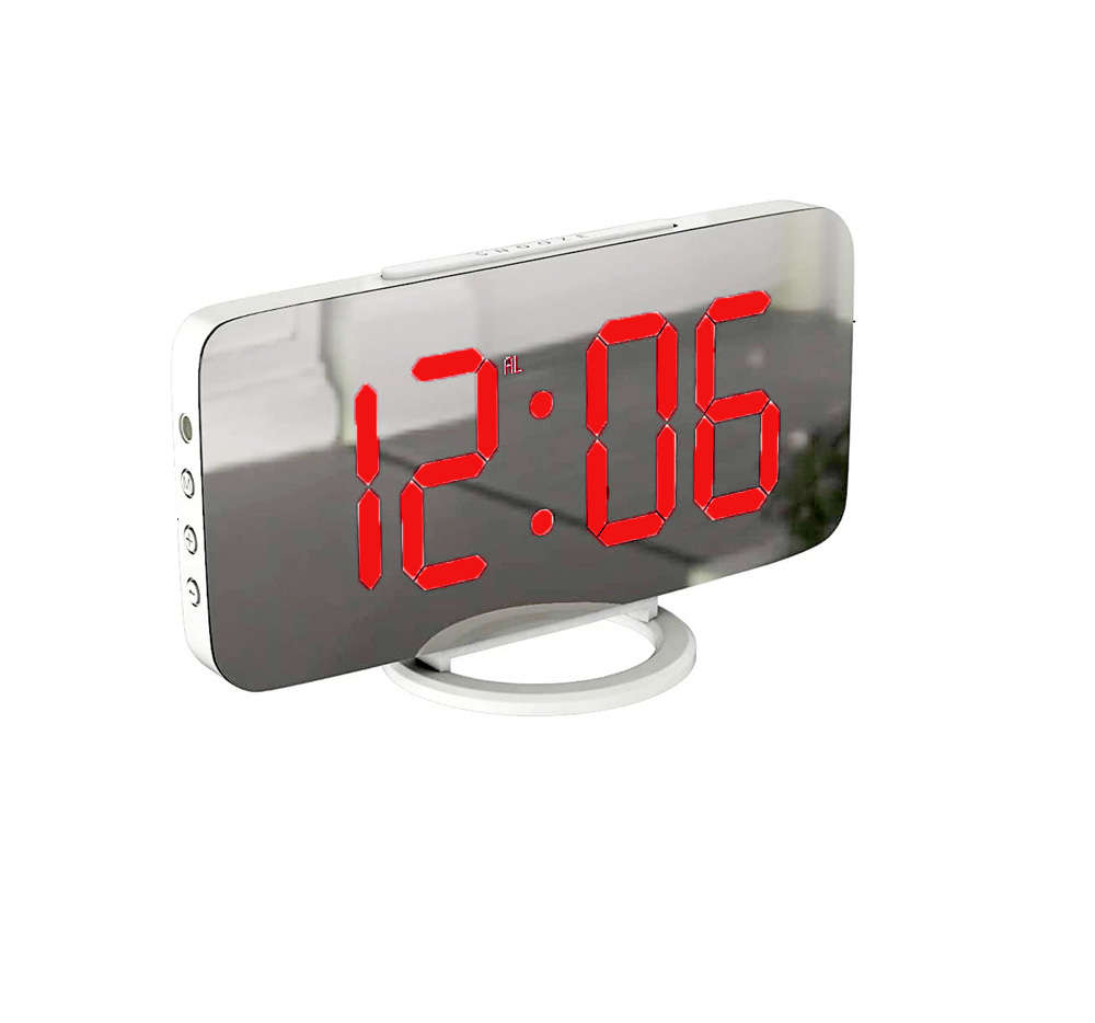 Large LED Display Mirrored Digital Alarm Clock with Dual USB-White&Red