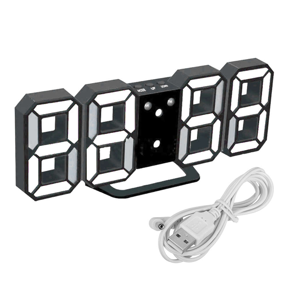 3D Modern Digital LED Table Desk Wall Alarm Clock-Black&White