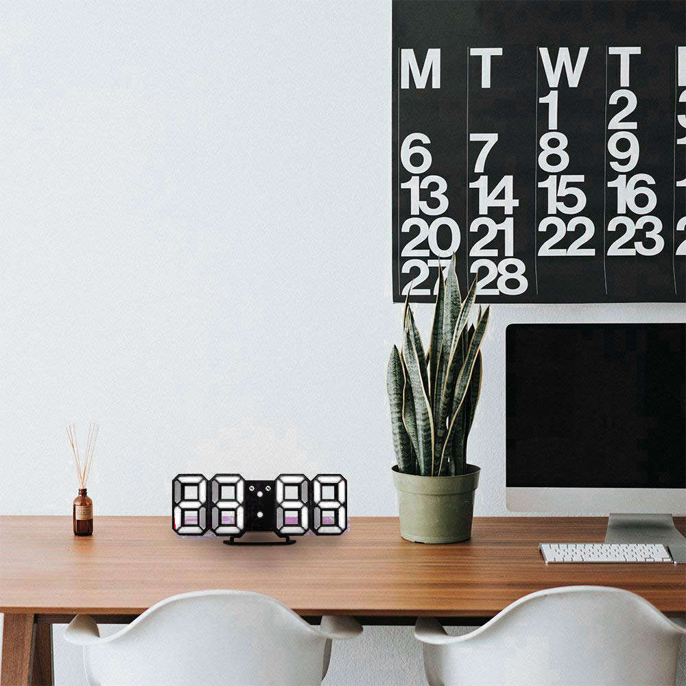 3D Modern Digital LED Table Desk Wall Alarm Clock-Black&White