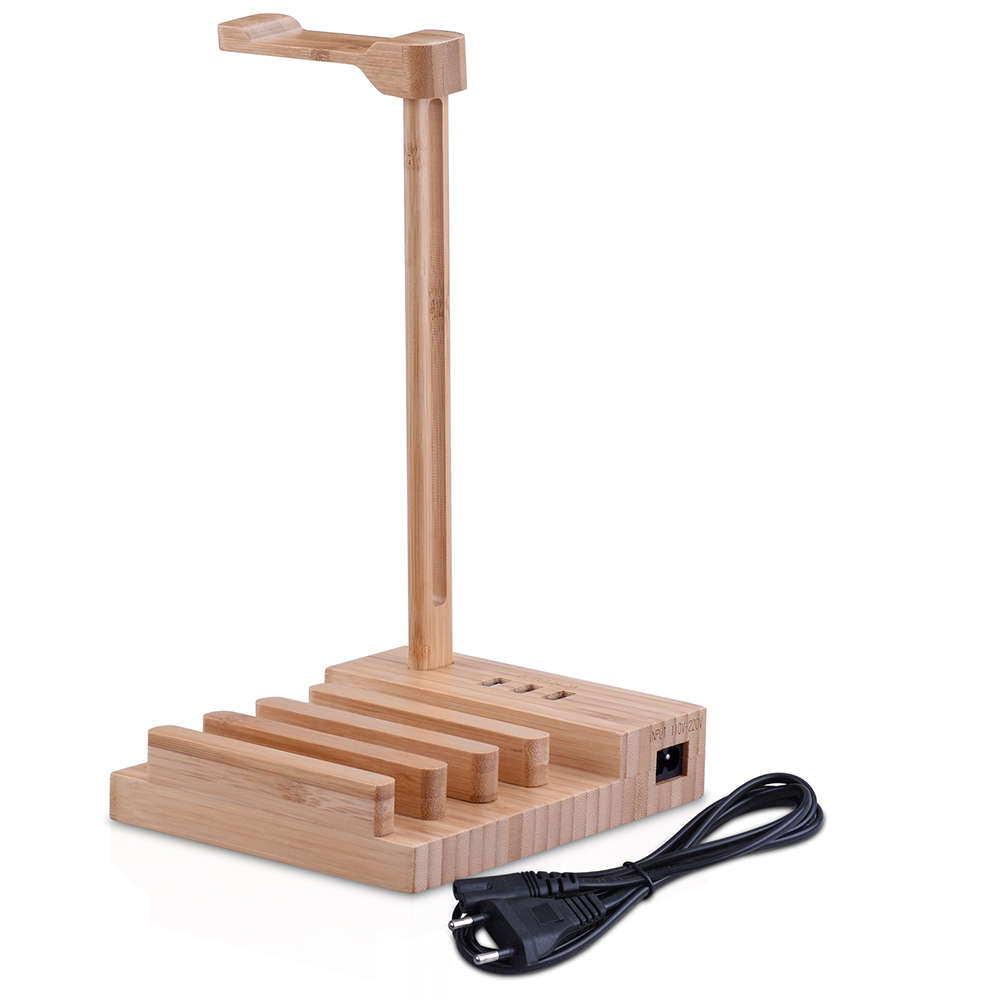 Wooden Desktop 3 Ports Headset Hanger Rack USB Charging Dock Station