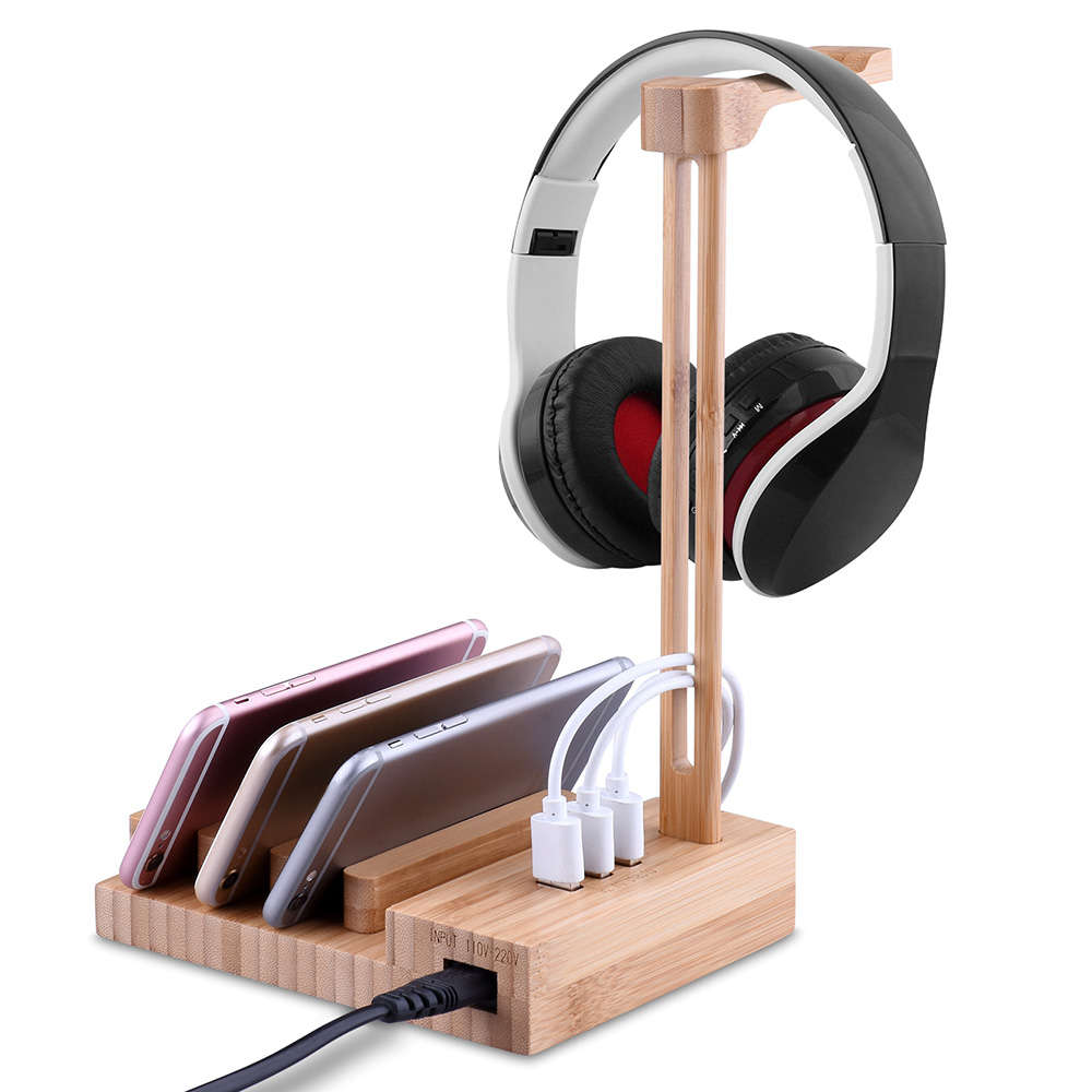 Wooden Desktop 3 Ports Headset Hanger Rack USB Charging Dock Station