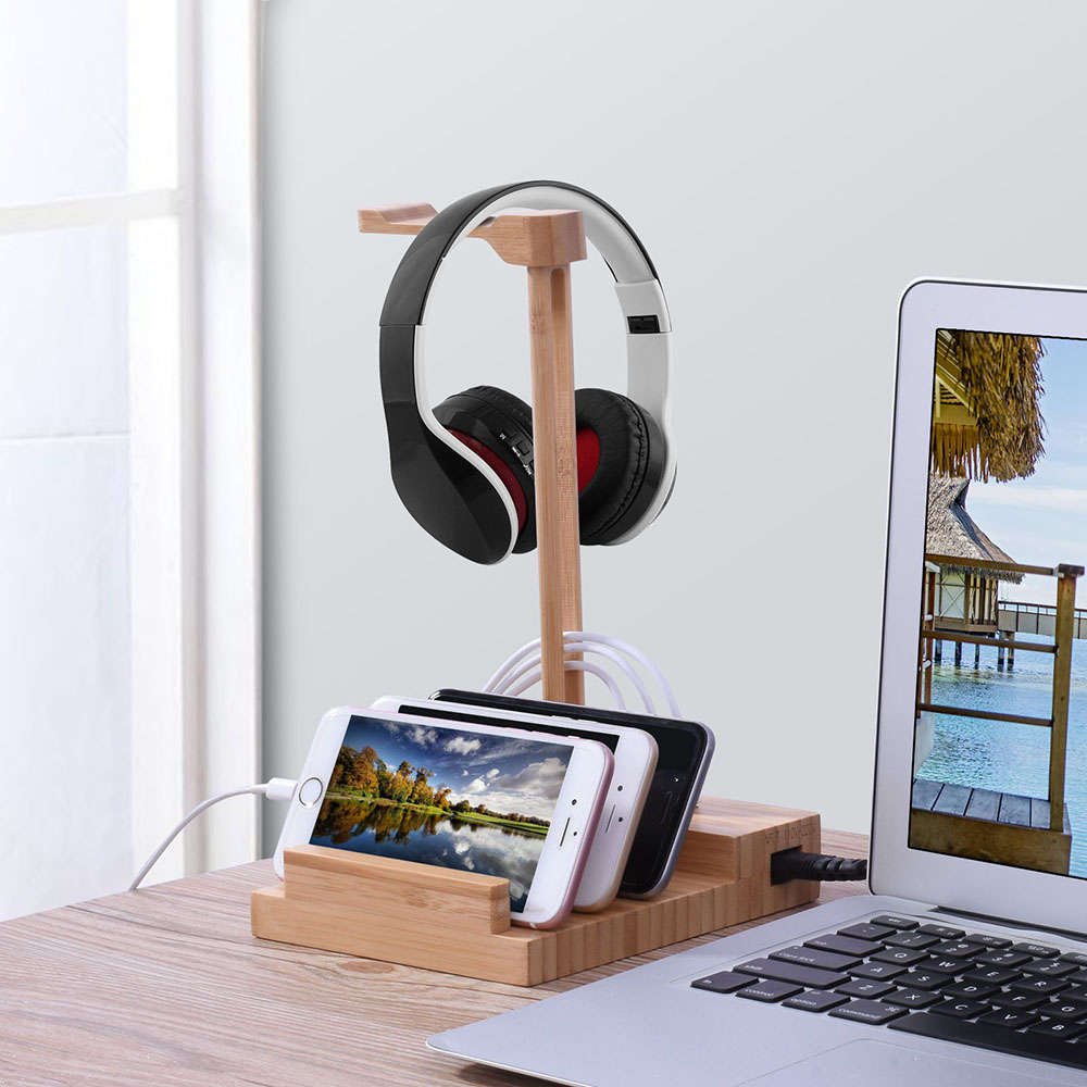 Wooden Desktop 3 Ports Headset Hanger Rack USB Charging Dock Station