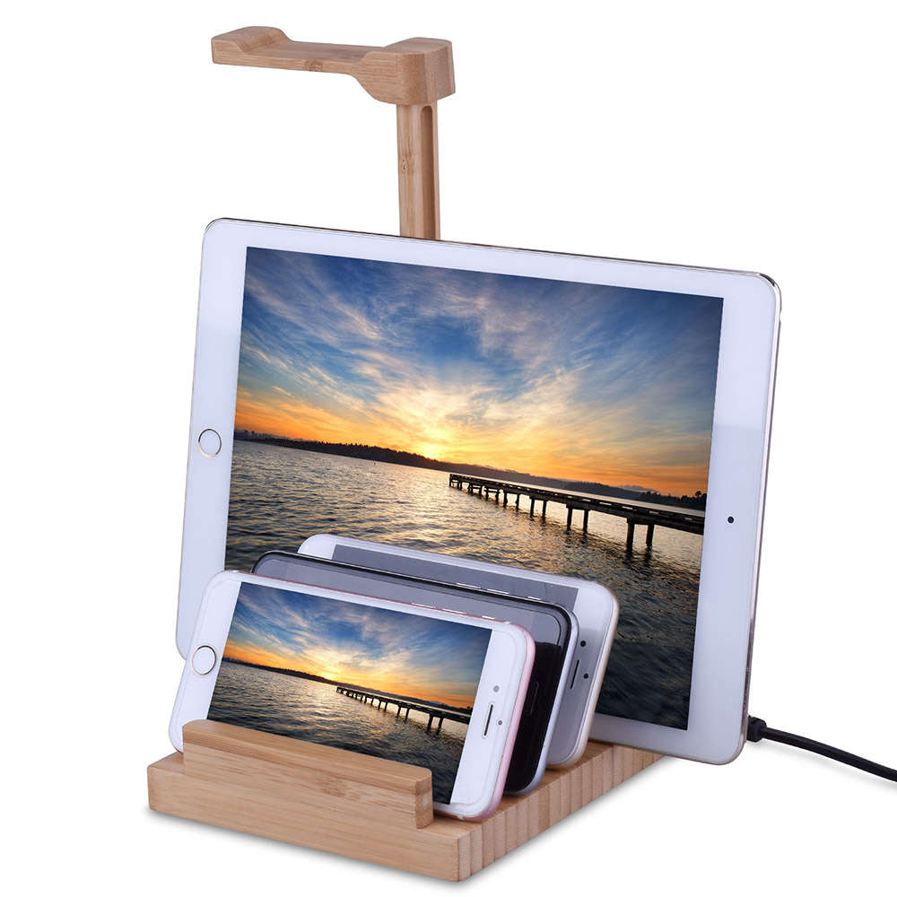 Wooden Desktop 3 Ports Headset Hanger Rack USB Charging Dock Station