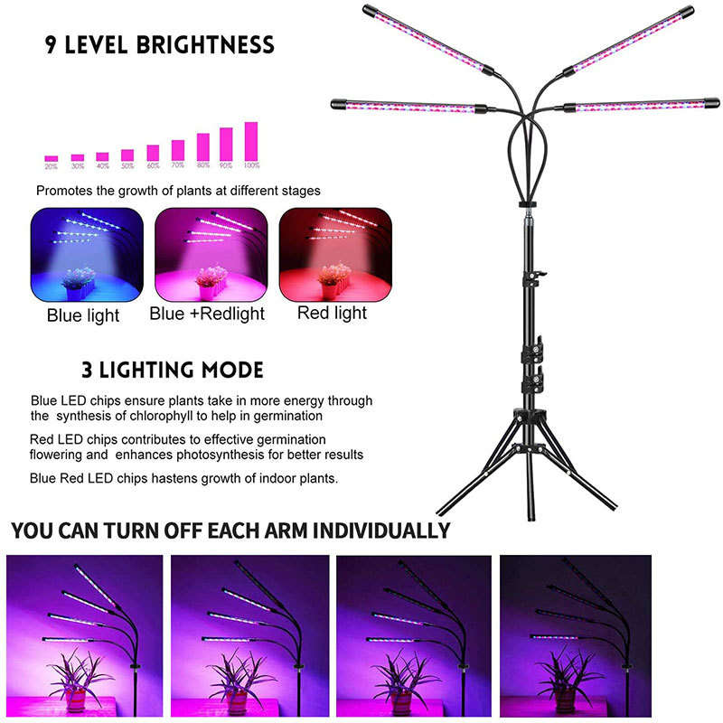 Full Spectrum 4 Head LED Plant Grow Light with Adjustable Tripod Stand