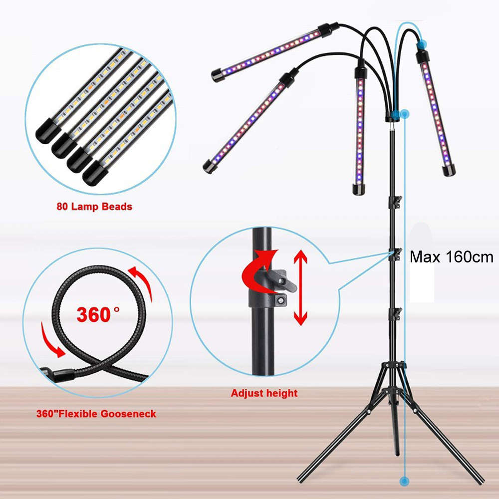 Full Spectrum 4 Head LED Plant Grow Light with Adjustable Tripod Stand