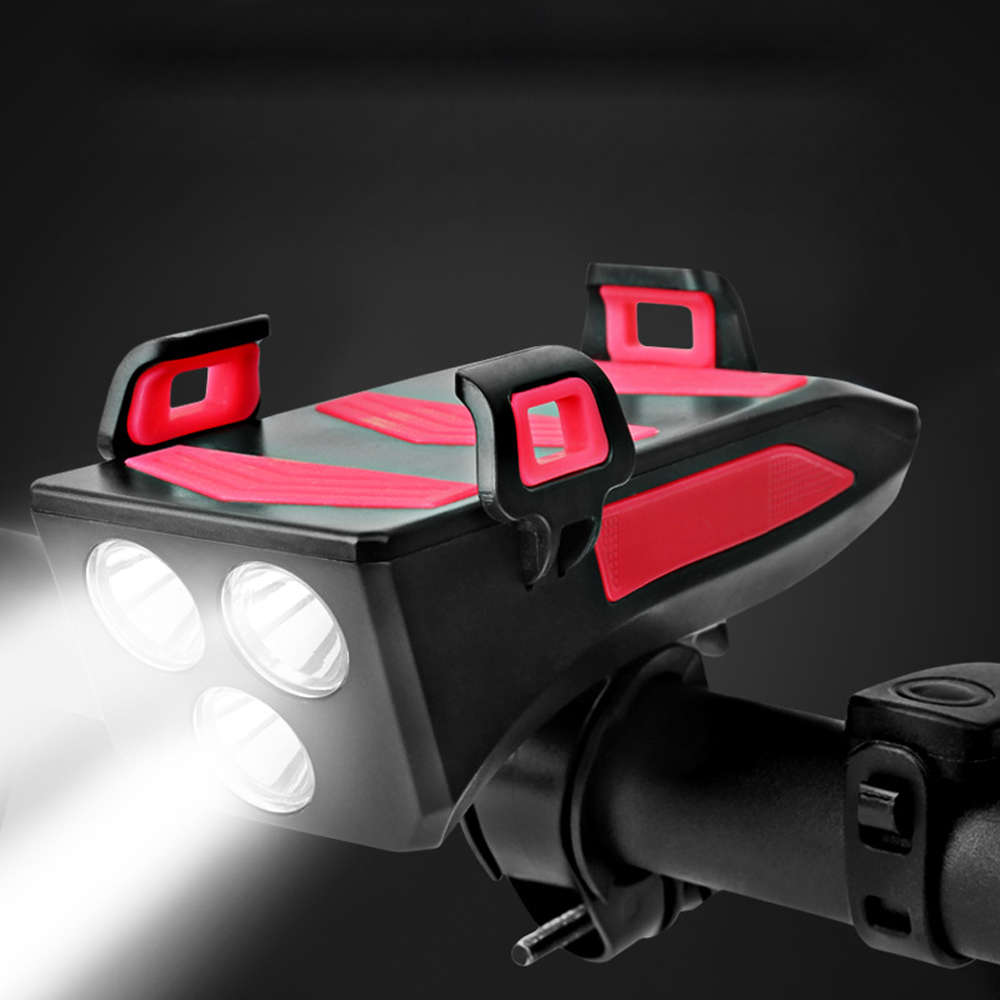 3 in 1 Bicycle Front Light Bike Horn Alarm Bell Mobile Phone Holder