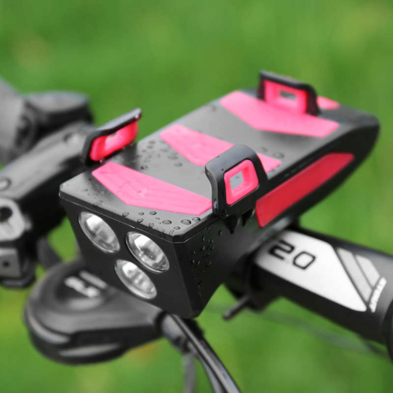 3 in 1 Bicycle Front Light Bike Horn Alarm Bell Mobile Phone Holder