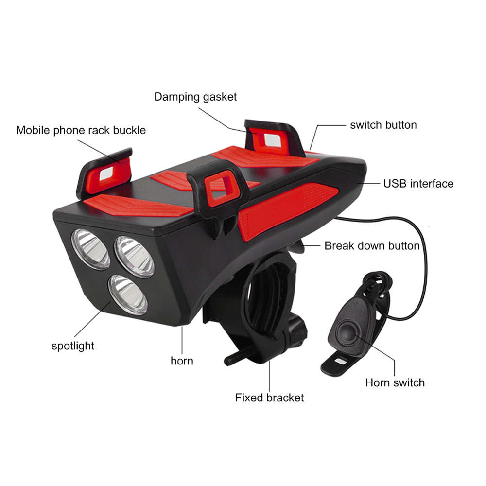 3 in 1 Bicycle Front Light Bike Horn Alarm Bell Mobile Phone Holder