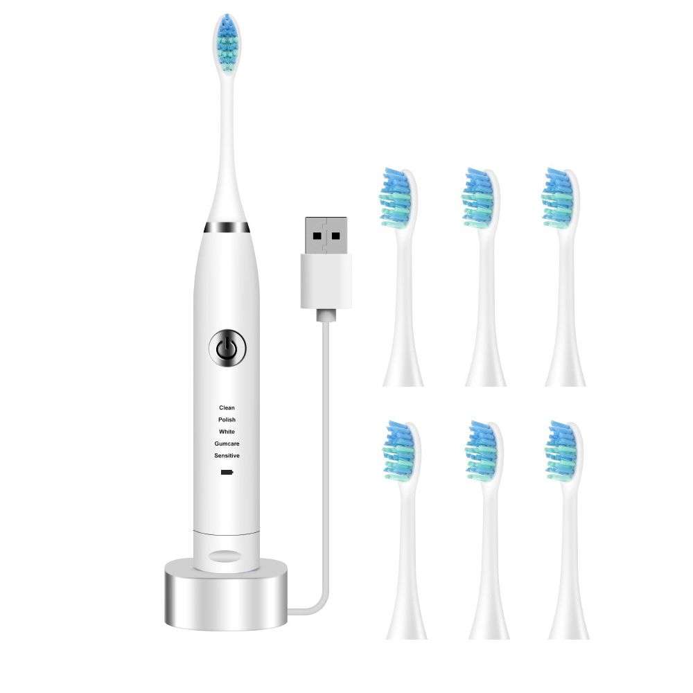 Electric Sonic Vibration Toothbrush with 6 Brush Heads - White