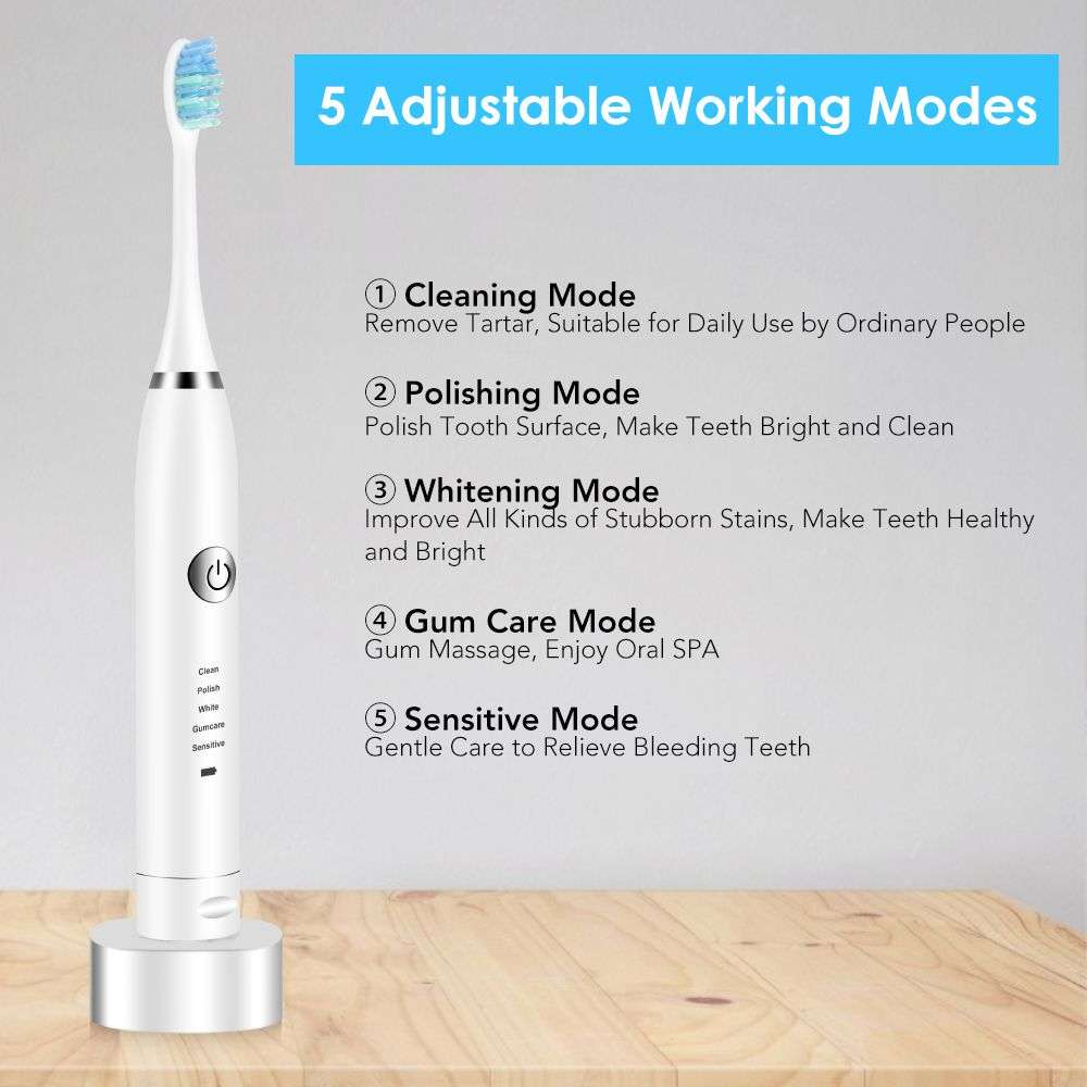 Electric Sonic Vibration Toothbrush with 6 Brush Heads - White