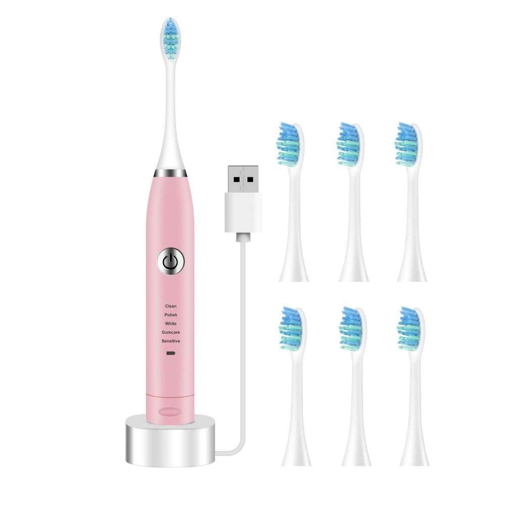 Electric Sonic Vibration Toothbrush with 6 Brush Heads - Pink