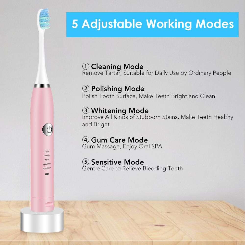Electric Sonic Vibration Toothbrush with 6 Brush Heads - Pink