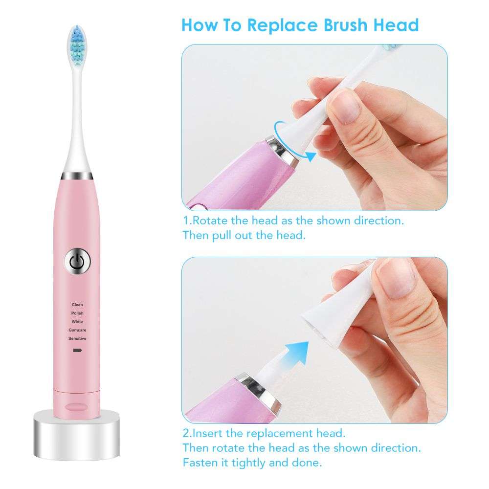 Electric Sonic Vibration Toothbrush with 6 Brush Heads - Pink