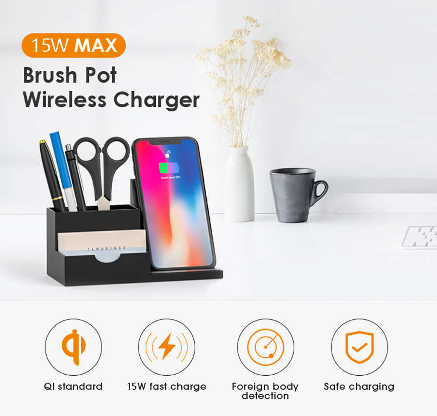 Wireless Charger Desk Organizer Desktop Pen Holder Storage Box