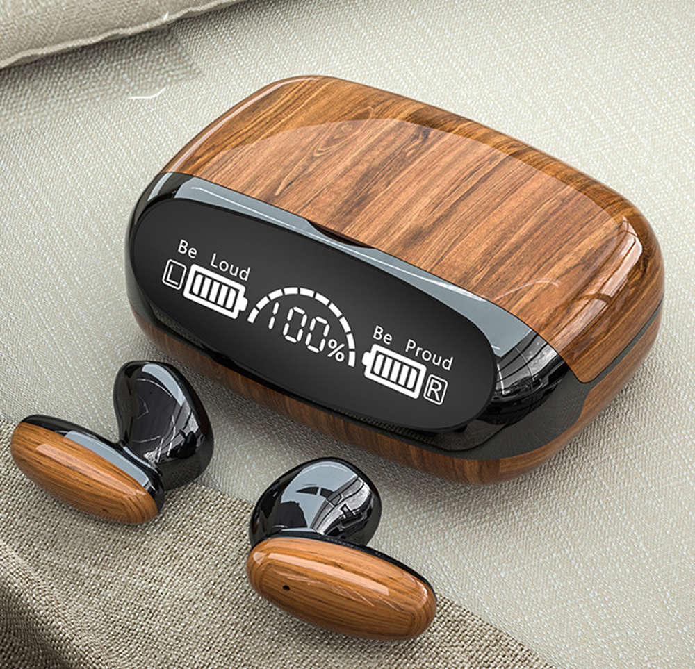 LED Display Charging Box Wood Grain Bluetooth 5.2 Wireless Headphone
