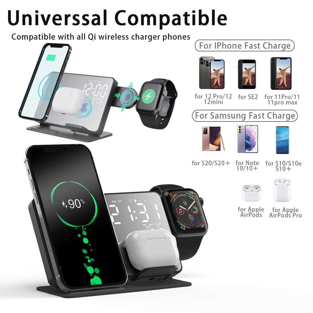 4 in 1 Alarm Clock Temperature Display Qi Wireless Fast Charging Station