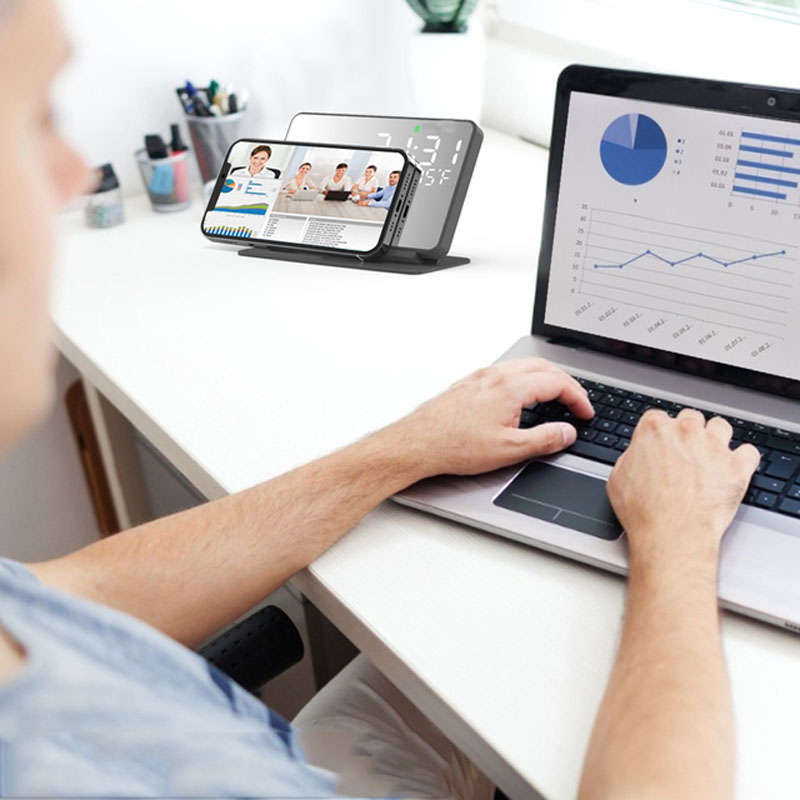 4 in 1 Alarm Clock Temperature Display Qi Wireless Fast Charging Station