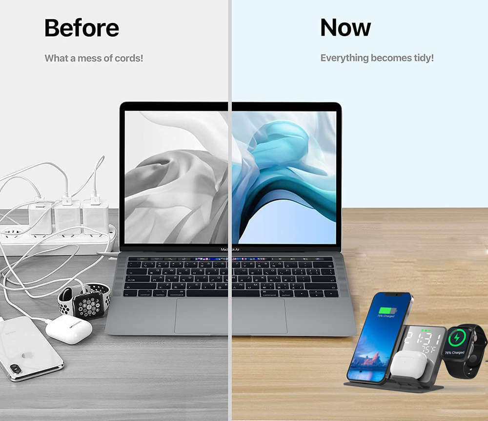 4 in 1 Alarm Clock Temperature Display Qi Wireless Fast Charging Station