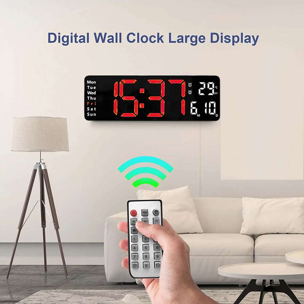 13 Inch Electronic Wall Clock Remote Control Temp Date Digital LED Clock-Red