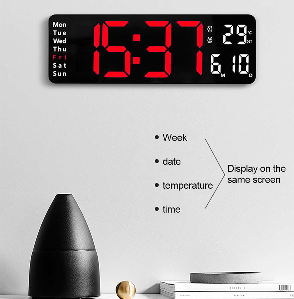13 Inch Electronic Wall Clock Remote Control Temp Date Digital LED Clock-Red