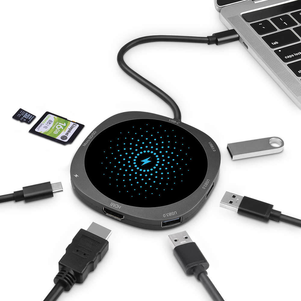 7 in 1 USB C HUB to USB 3.0 HDMI QI Adapter Wireless Charger USB Splitter