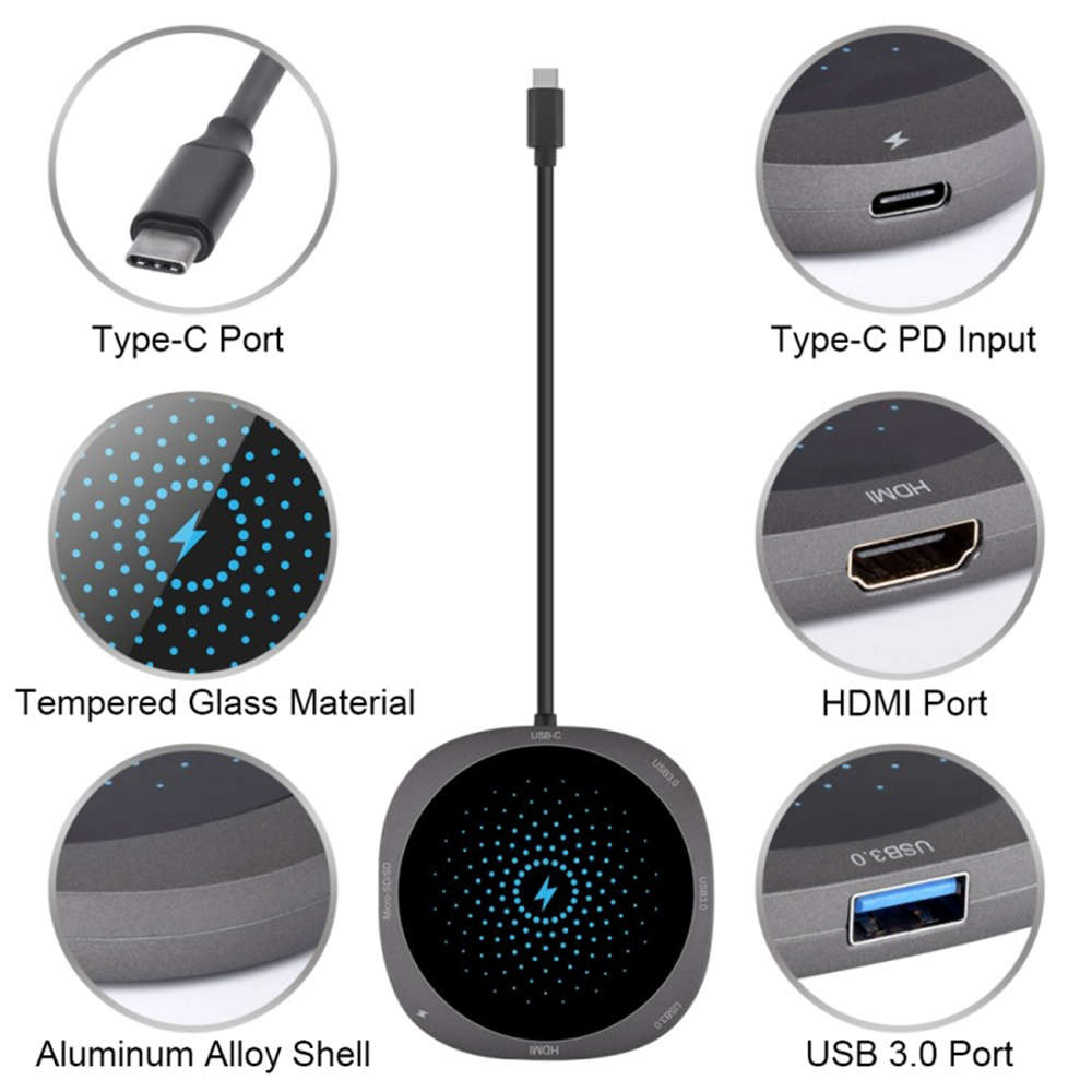 7 in 1 USB C HUB to USB 3.0 HDMI QI Adapter Wireless Charger USB Splitter