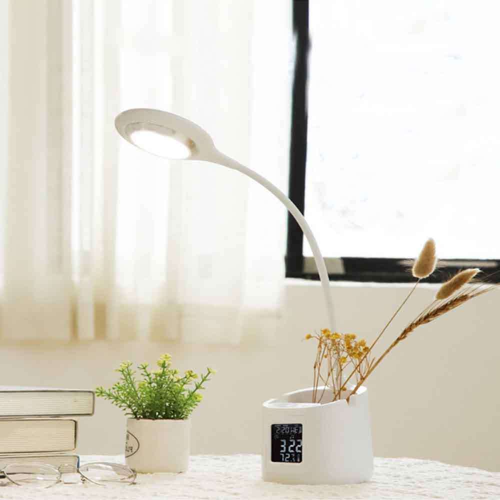 Dimmable LED Table Lamp With Clock & Pen Holder