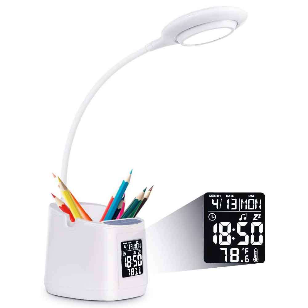 Dimmable LED Table Lamp With Clock & Pen Holder